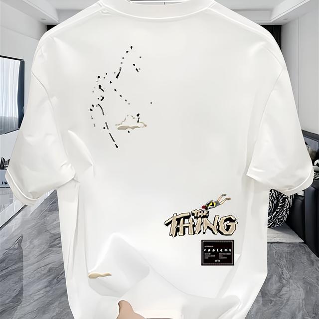 TEMU Camiseta de Manga Corta Estampada de Marca de Moda para Hombres en Verano, Algodón , Estilo Coreano y Japonés, Tops Versátiles para Hombres