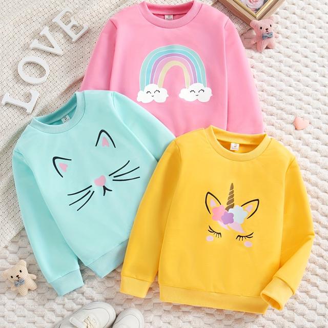 TEMU Set Of 3 Stylish Long-sleeve Sweatshirts For Girls Featuring A Round Neck, Prints, And Ribbed Colorful Tops For Young Children
