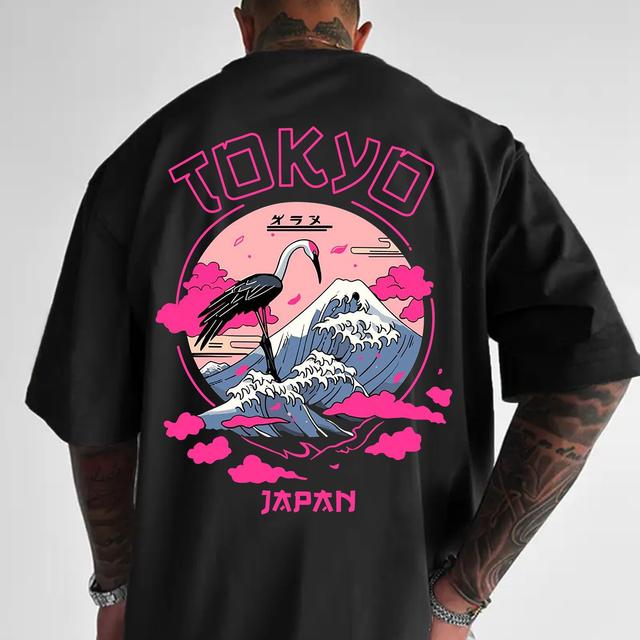 TEMU Tokyo-themed T-shirt Featuring Crane And Wave Designs - Made From Soft , Comfortable - An For Casual Wear And Travel, Plus Size