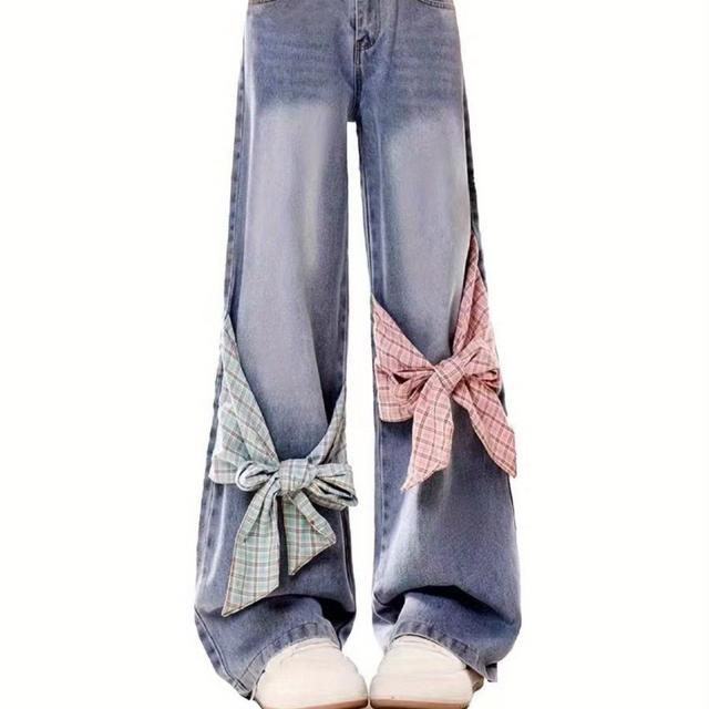 TEMU アメリカンビンテージ チェック柄パッチワーク ジーンズ レディース 20歳以上 秋冬用 ス ワイドレッグ パンツ