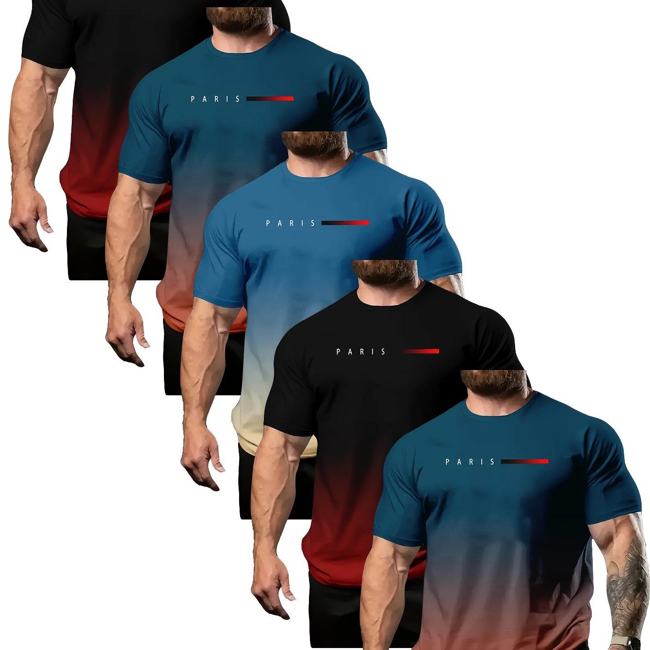 TEMU Set Of 5 Vibrant Gradient Short-sleeve Crew Neck T-shirts For Men - Perfect For Summer Casual With Letter Prints - An Ideal Gift Idea