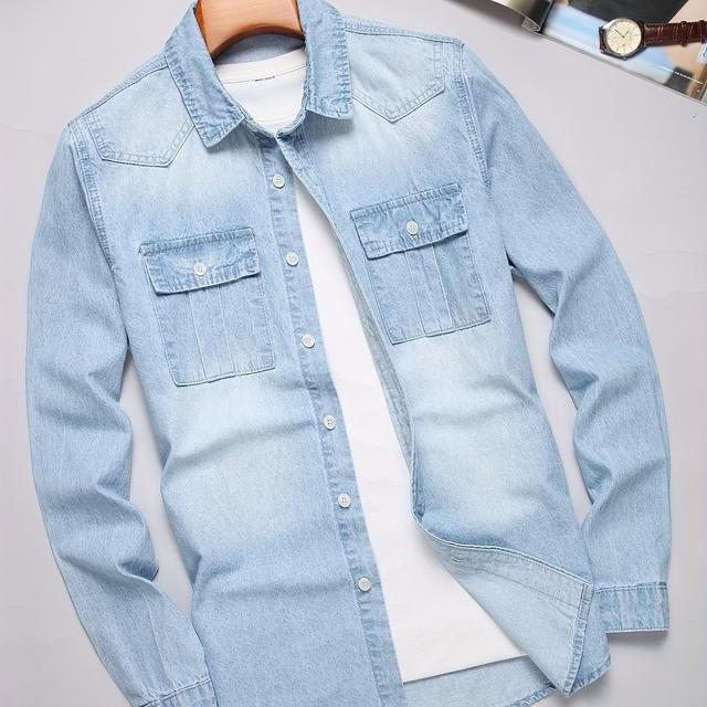 TEMU Herre Klassisk Passform Bomull Denim Skjorte, Avslappet Stil, Maskinvaskbar, Vår/Høst