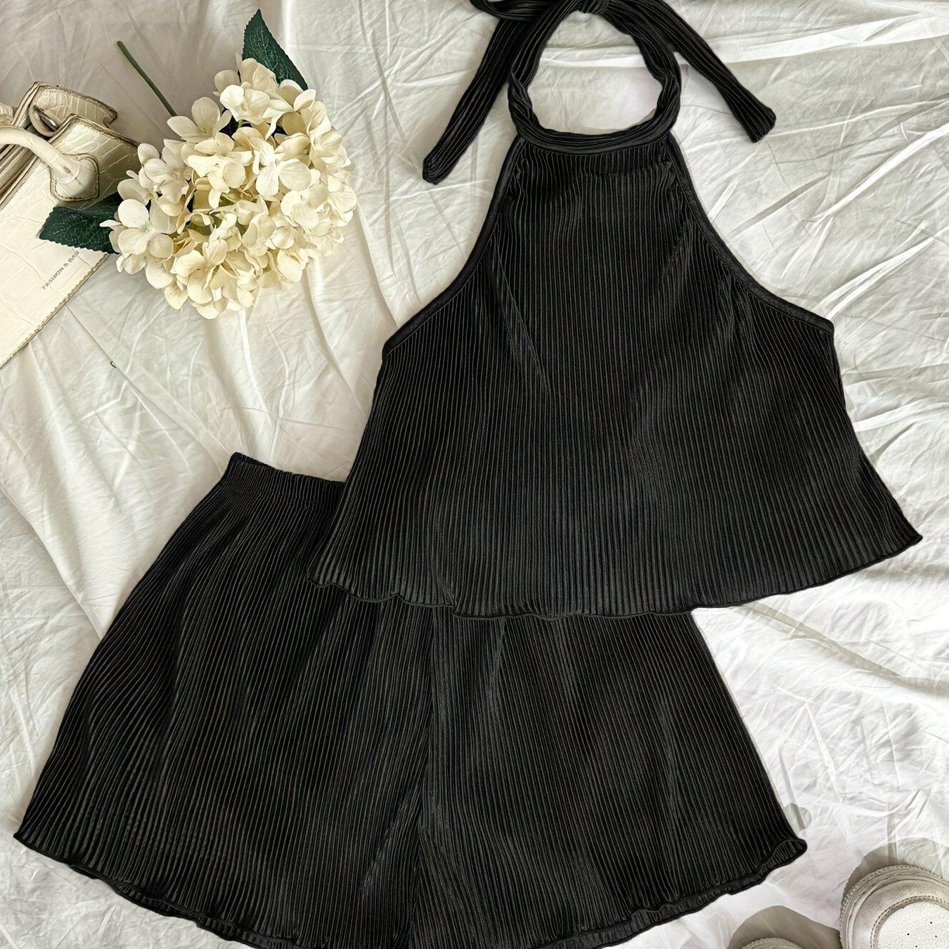 TEMU 2pcs Set, Sexy Easy Solid Fabric Ruched Cami And Shorts Outfit