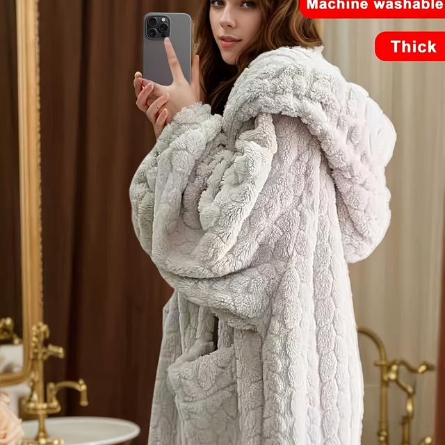 TEMU Cozy Coral Fleece Hooded Bathrobe For Women - A Soft, Warm, And Casual Loungewear Item Featuring Pockets, Washable In Machine - Ideal For Fall And Winter Seasons