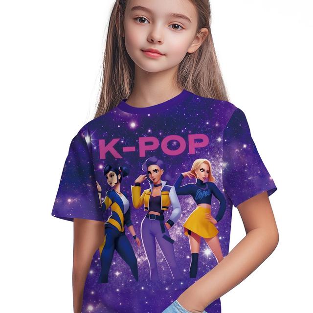 TEMU Girls' -pop Graphic T-shirt- Anime Girl Group& Starry , Stylish Letter Design, Soft Breathable Fabric, Kids' Summer Casual Short Sleeve Top,suitable For And Girls.