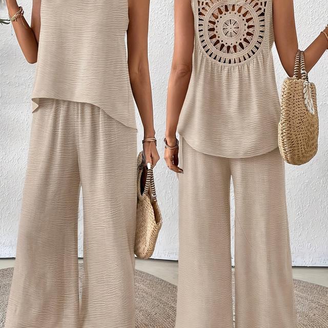 TEMU 우아한 독점 휴가 솔리드 컬러 민소매 탑과 와이드 레그 팬츠