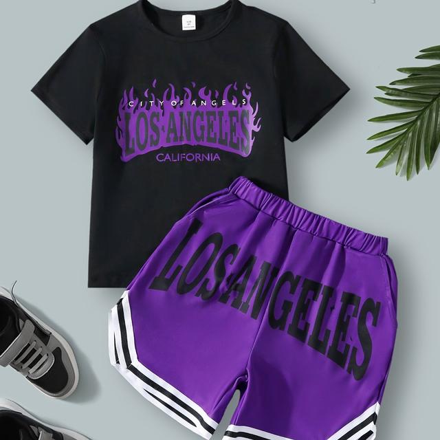 TEMU Boys' Summer Fashionable And Letter-printed Short-sleeved Round-neck Top + Elastic Waist Pocket Belt Medium And Large 's Casual Clothing Two-piece Set, Outdoor Wear, Outdoor