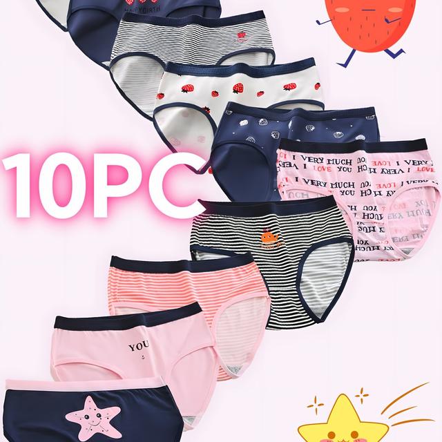 TEMU 10pcs Girls' Underwear, Cute Simple Cartoon Girl Strawberry Letter Briefs, Soft Comfortable Elastic Breathable Wearable Gift For