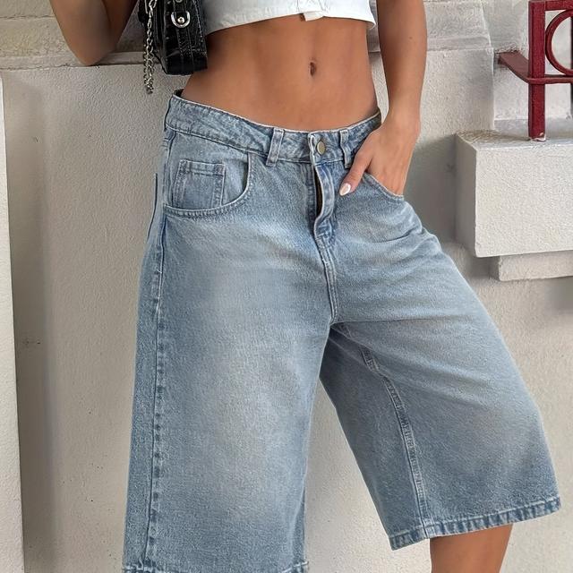 TEMU Damen-Wasserwasch-Bermuda-Shorts - Mid-Rise, Knopf-Detail, Hellblaues Denim, Vielseitige Frühling/Sommer-Casual-Kleidung, Casual-Wear-Shorts | Schlanke Midrise-Shorts | Textur