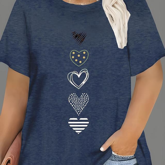 TEMU Women's Plus Size Casual T-shirt With Heart & Hamburger Print, Crew Neck, Knit Fabric, Stretch, Polyester 65%, Viscose 30%, Elastane 5%, - 180gsm