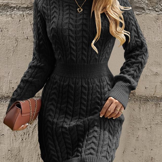 TEMU Robe Épaisse pour Femmes - Texture Côtelée Noire X-Silhouette, Lavable en Machine Col Rond de Style Décontracté à Semi-, Mode Texturée