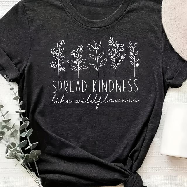 TEMU Spread Kindness - Women's Chic Letter And Plant Print Tee - Comfy, Casual Short Sleeve Crew Neck T-shirt For Everyday Wear & Stylish Layering