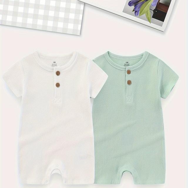 TEMU 2pcs Baby & Mint Green Short Sleeve Snap-fit Onesies - Soft Round Neck Summer Rompers, Breathable 0-24m Infant Clothes With Easy Diaper Change Buttons, Hand Washable Casual Outfits, Outdoor