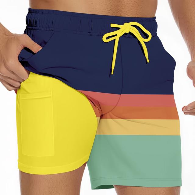 TEMU Herren Freizeit Doppellagige Strandshorts - Lebendiges Farbblock-Design, Kordelzugbund, Leichtes Polyester, Perfekt für Sommerurlaube, Schwimmshorts