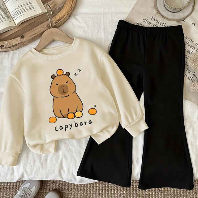 TEMU Conjunto de Moletom com Estampa de e Calça Flare da Moda para Meninas, Perfeito para Atividades ao Ar Livre