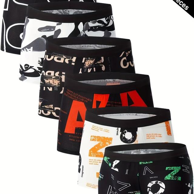 TEMU 6pcs Men's Breathable Boxer Briefs - Soft, Stretchy Polyester , Fit, Assorted Geometric Patterns - Ideal For Sports & Casual Wear
