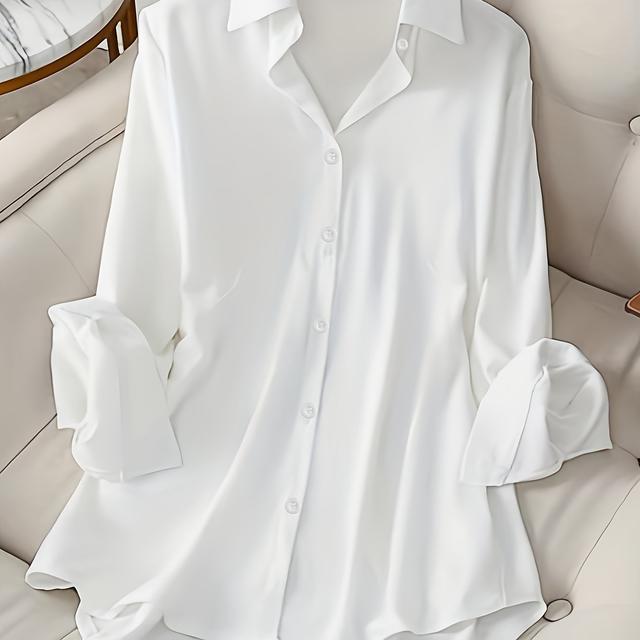 TEMU Camisa de Manga Larga con Solapa y Botón Único en Estilo Europeo, Talla Grande para Mujer 2025 - Color Sólido