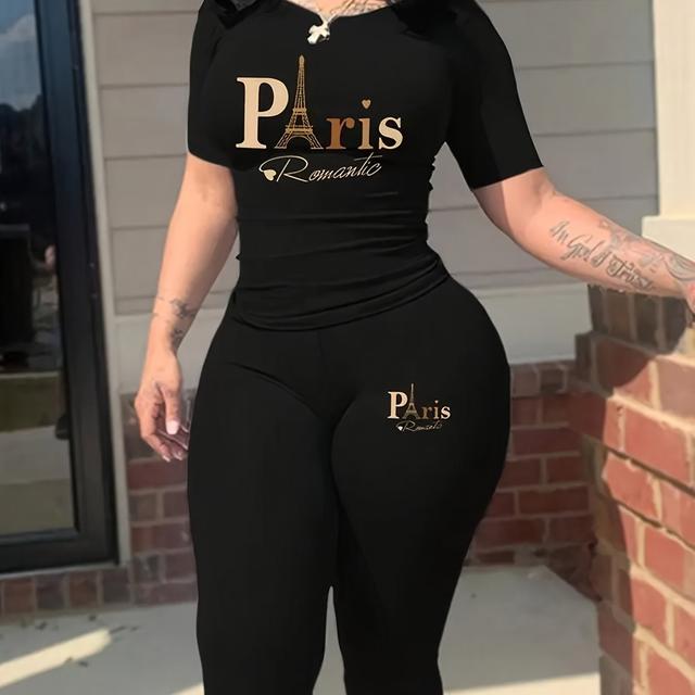 TEMU "paris" Print Matching 2pcs, Casual Solid Color Short-sleeved Crewneck T-shirt And Tights Suit, Women's Wear
