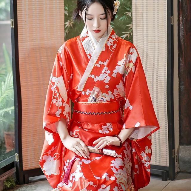 TEMU Floral Print Wrap Belt Kimono, Japanese Traditional Long Sleeve Mid Calf Kimono, Women's Clothing