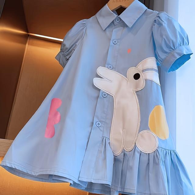 TEMU Summer Dress For Girls With Style, Featuring A Collared Shirt Design And Embroidered Bunnies