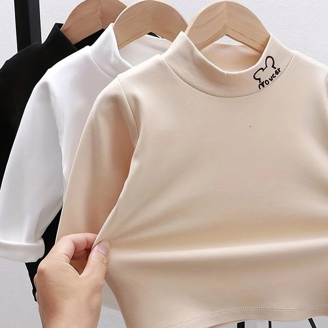TEMU 3pcs 남아용 겨울 보온 베이스 레이어 셔츠 - 하이넥 긴팔 레이어링 탑, 따뜻한 스트레치 소재, 유아 및 어린이용 캐주얼 티셔츠 (남아 & 소년), 손세탁 가능, 놀이날 및 일상복 - 3