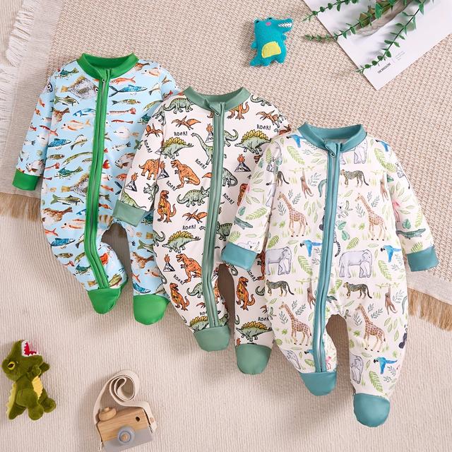 TEMU 3pcs Set Boys' Footed Bodysuit Romper With Zipper Design - Random Full Print Of Many Fish, , , Dinosaurs, Elephants, Giraffes & Cute Little Animals; Soft Fabric For All , Perfect For Outdoor