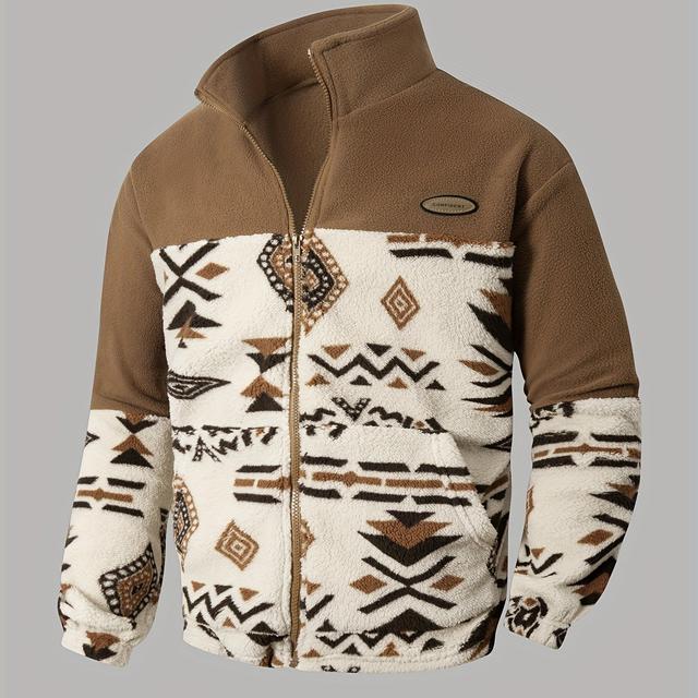 TEMU Pánská bunda s náhodným potiskem, etnickým stylem, plyšovou látkou, patchworkem, kontrastními barvami, ležérní, s otevřeným předním zapínáním na zip