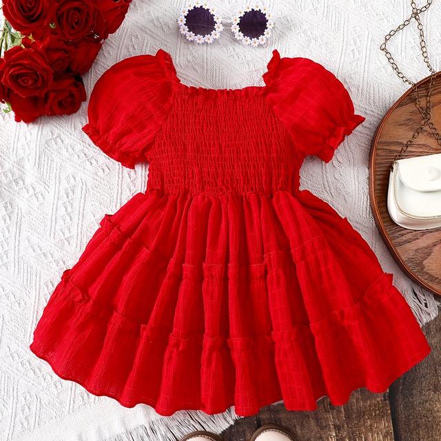 TEMU Girls' Casual Summer Solid Color Ruffle Bubble Sleeve Cake Princess Comfortable Outdoor Picnic Gift Party