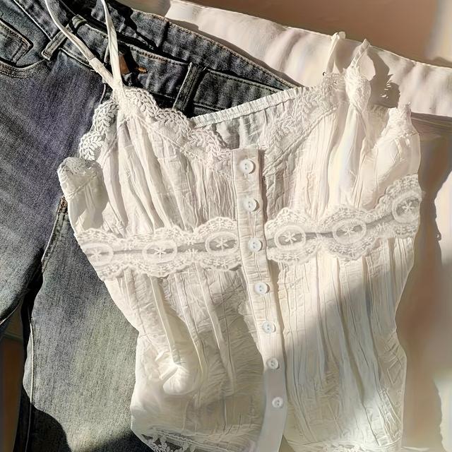 TEMU Modieuze dames camisole in kleur met kanten patchwork, knoopdesign en zomerse look