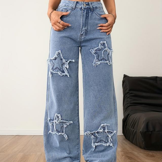 TEMU High-Waist Damen Jeans mit Vintage-Waschung, bestickt mit Sternen und ohne Stretch, perfekt für vielseitiges Styling