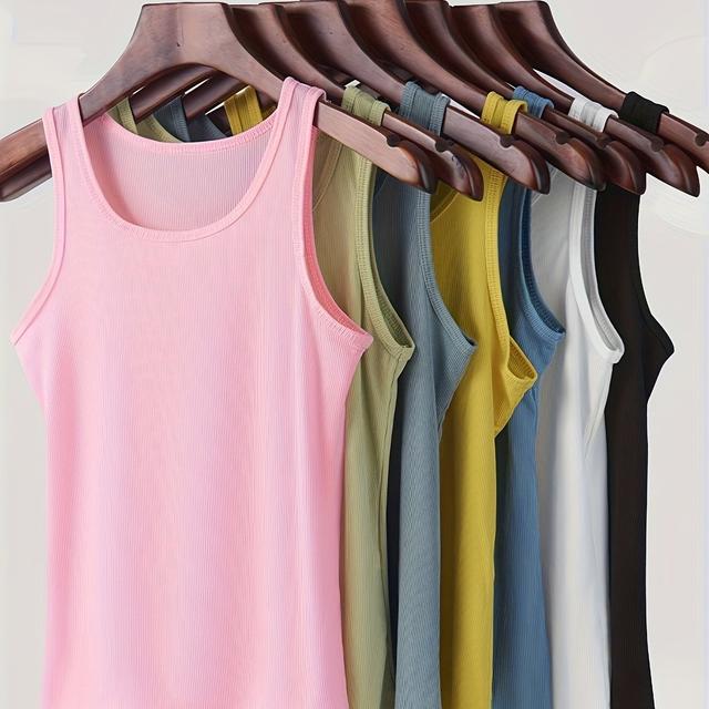 TEMU Elegant Ribbed Camisole Tank Tops For Women, Pack Of 7, Polyester 95%, Elastane 5%, Knit Fabric, Solid Color, No Padding - Versatile Sleeveless Tops For Layering Or Sleepwear