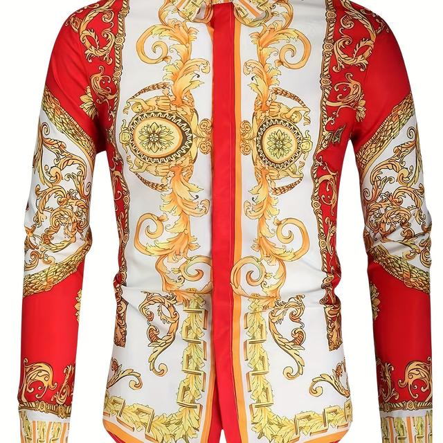 TEMU เสื้อเชิ้ตแบบสบายๆ สำหรับผู้ชาย VAKAUP ที่ได้แรงบันดาลใจจากฮาวาย - สวมใส่กระชับ, แขนยาว, ปุ่มปิด, ลายบาโรก, สามารถซักเครื่องได้, ผสมโพลีเอสเตอร์, เหมาะสำหรับฤดูใบไม้ผลิและฤดูใบไม้ร่วง