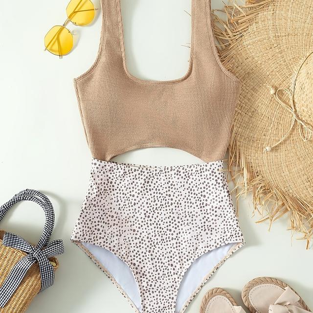 TEMU Jednoczęściowy kostium kąpielowy Polka Fots Print Rib Knit Color Block z wycięciem na plecach, stroje kąpielowe, damska odzież kąpielowa i ubrania