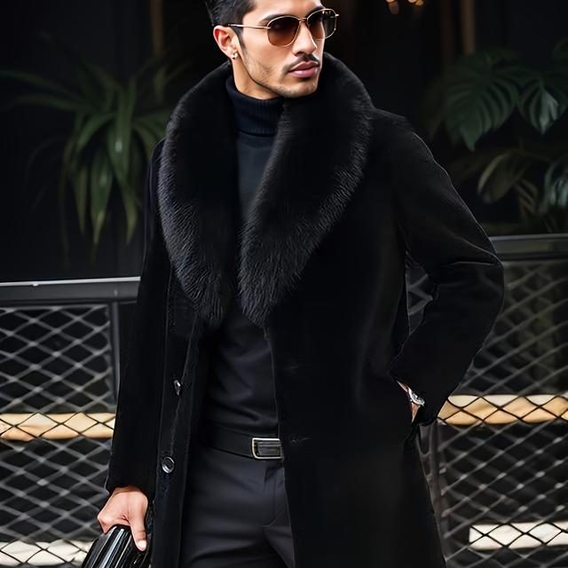 TEMU Herren-Mode-Wintermantel aus schwarzem Kunstpelz mit -Gerste-Kragen für Freizeit, Business Party, Plüsch-Übermantel, Kunstkaninchenfell, bequemer, weicher warmer langer Mantel