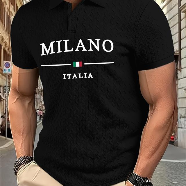 TEMU Men's Fashion Shirt With Milan Print, Casual Short Sleeve Summer Top, Stretchy Polyester Fabric, Machine Washable, Collar, Suitable For Summer Sports And Outdoor Leisure