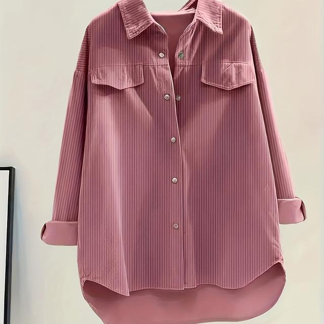 TEMU Blusa Elegante de Manga Larga para Mujer Talla Grande - Rosa con Botones Blancos, Cuello , Tejido No Elástico Lavable a Máquina para Looks Casuales y Formales de /Otoño