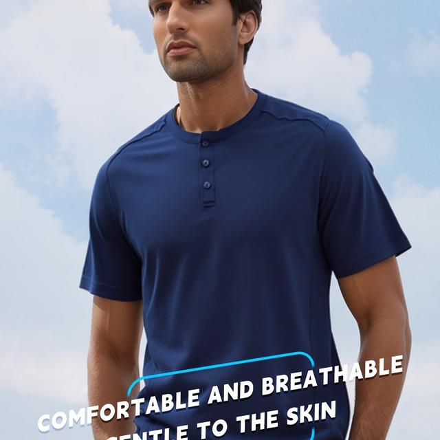 TEMU Herensport-T-shirt van merinowol met Henley-kraag, korte mouwen en mesh-patchwork voor buiten, snel