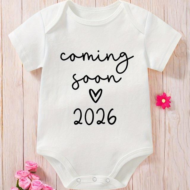 TEMU " 2026" Year Commemorative Baby Romper Pregnancy Announcement Cute Outfit Children's Gift Short Sleeve T-shirt With Letter Print, For Outdoor