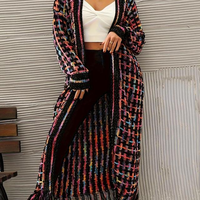 TEMU Plus Size Tassel Hem Knitted Cardigan, Casual Long Sleeve Open Front Cardigan, Women's Plus Size Clothing