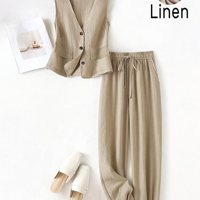 TEMU Damens Casual Frühling/Sommer Urlaub Leinenanzug mit Weste und Hose - Einfarbig, Reguläre Passform, Ganzjahreskleidung, Lässige Kleidung|Urlaubsoutfit|Lässiger Stil, Damenblazer