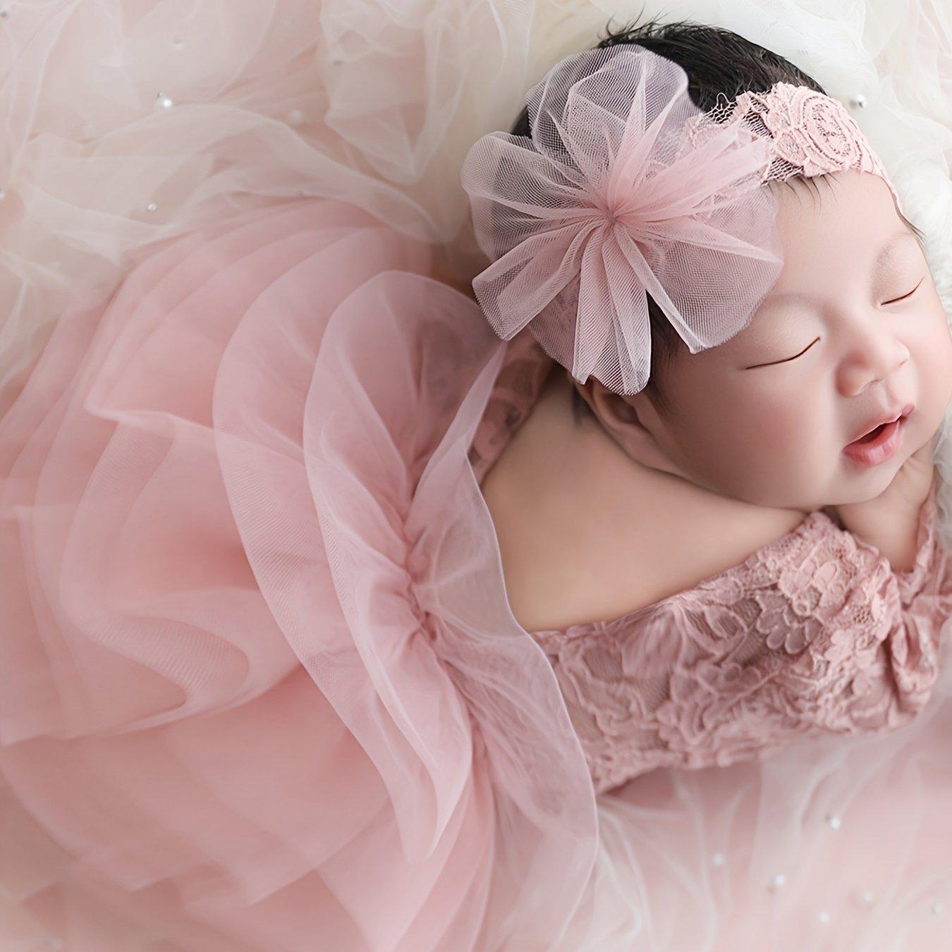 TEMU 2pcs Newborn Puffy Mesh Lace Triangle Romper And Headband Set, Long Sleeve Photography Outfit