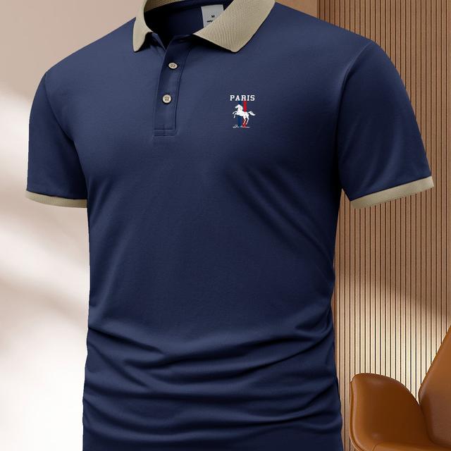 TEMU Khaki Collar Color-block Men's Fashion Shirt, Casual Short Sleeve Lapel With Printed Pattern, Slightly Comfortable For Outdoor Sports And Golf, Navy Blue, Light Green, Khaki, Black