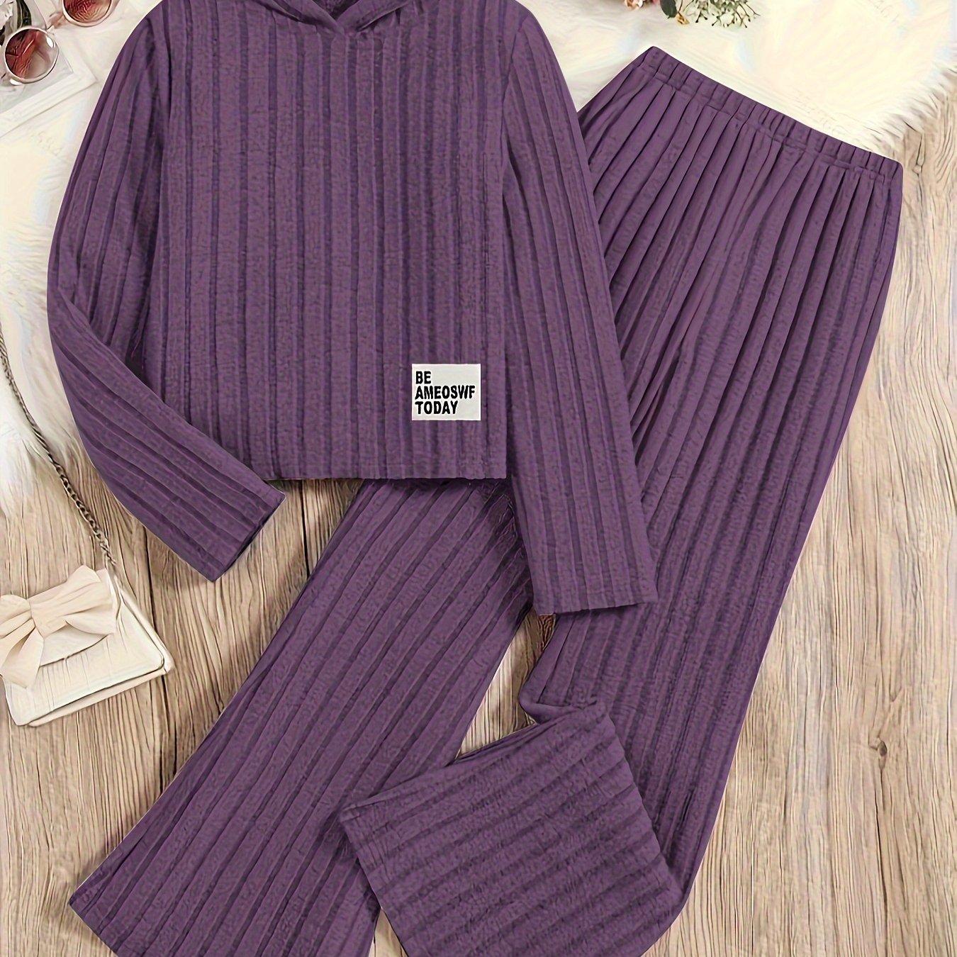 TEMU 2pcs Girls' Knit Ribbed Letter Patch Hoodie And Flare Pants Set, Perfect For Outdoor