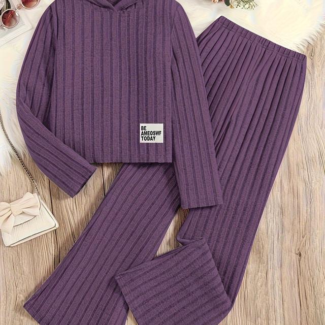 TEMU 2pcs Girls' Knit Ribbed Letter Patch Hoodie And Flare Pants Set, Perfect For Outdoor