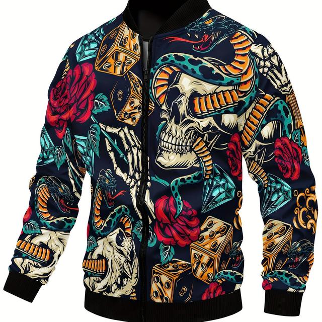 TEMU Men's Casual Baseball Jacket With 3d Skull & Dice Print - Stylish Long Sleeve Outerwear, Polyester, Machine Washable - Spring/fall