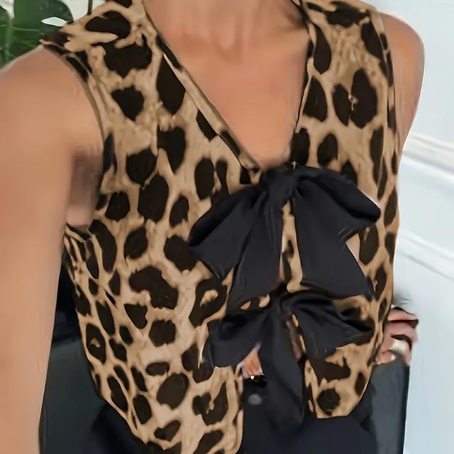 TEMU Women's Sleeveless Leopard Print Blouse With Bow Tie Detail - V-neck, Tie-front Design, Lightweight Polyester For Style, Top | Blouse | Glossy Texture