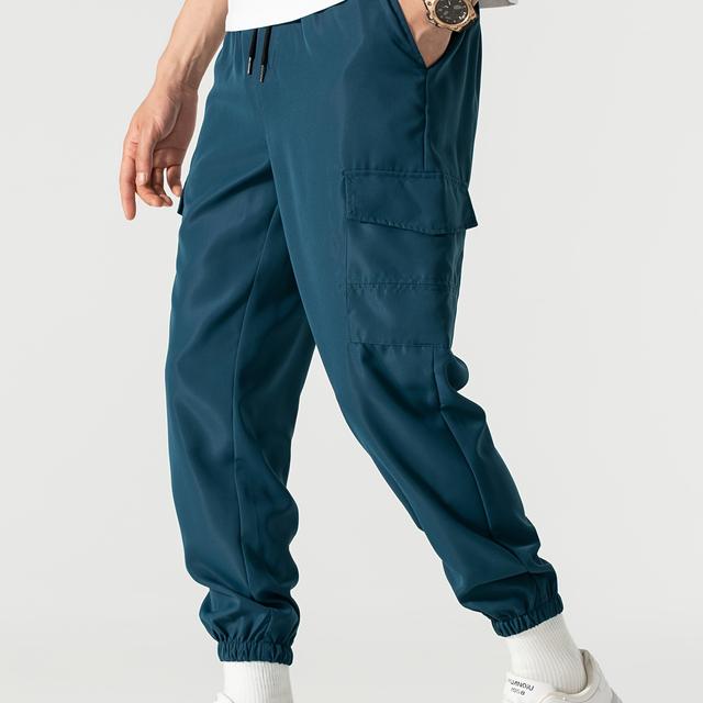 TEMU Men' Color Casual Cargo Pants With Flap Pockets, Polyester, Machine Washable