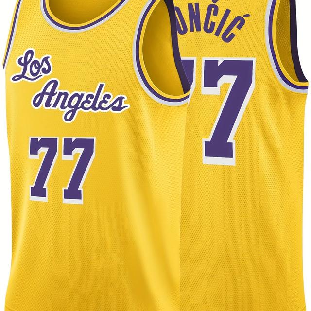 TEMU Men's Embroidered #77 Basketball Jersey - Polyester Knit Fabric, Crew Neck, Loose Fit, Breathable & Stretchy, Casual Sports Top For Training, Party, Weekend - Wear