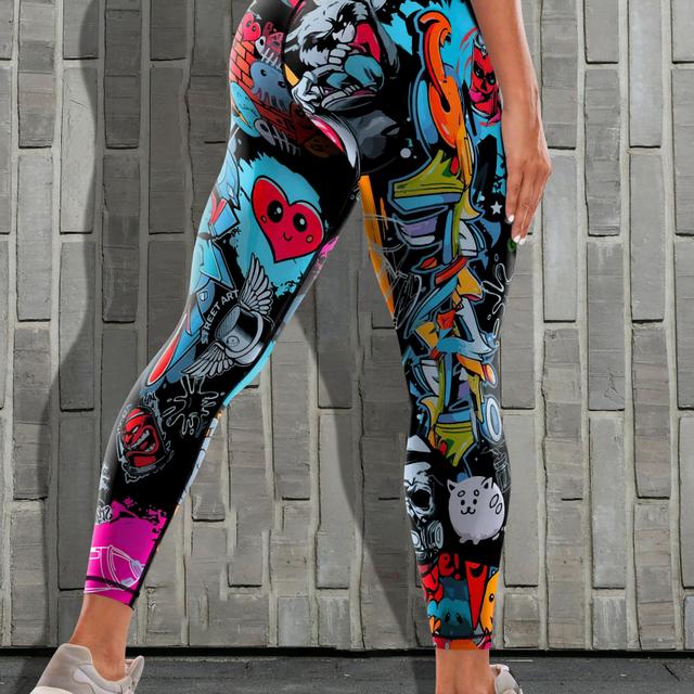 TEMU Color Block Graffiti High Stretch Tummy Control Lifting Sports Leggings, Running Workout Yoga Tight Pants, Women's Activewear