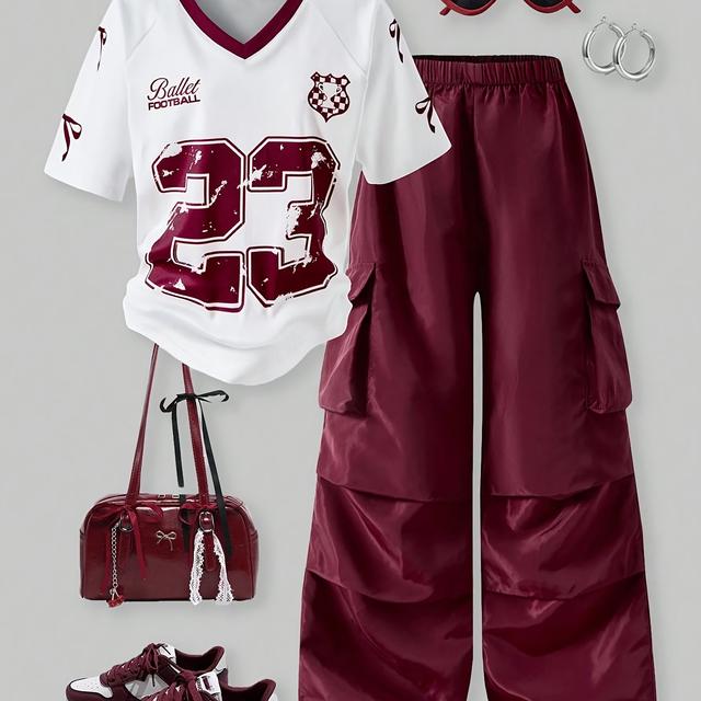 TEMU Directional Women's Casual T-shirt And Pants Set (includes Only And Pants)